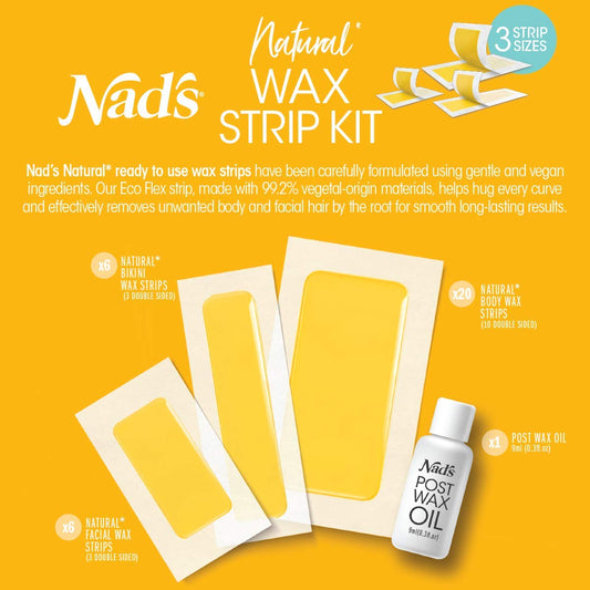 Nad's Wax Strips Kit Natural All Skin Types Wax Hair Removal For Women, 6 Face Wax Strips + 20 Body Wax Strips + 6 Bikini Wax Strips + Post Wax Oil