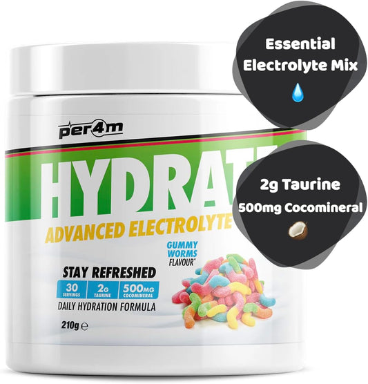 Per4M Hydrate Electrolyte Mix Powder | 500Mg Cocomineral | Replenish Essential Electrolytes | Aiding Muscle Function, Cardiovascular Health, Neurological Support (Gummy Worms, 210G)