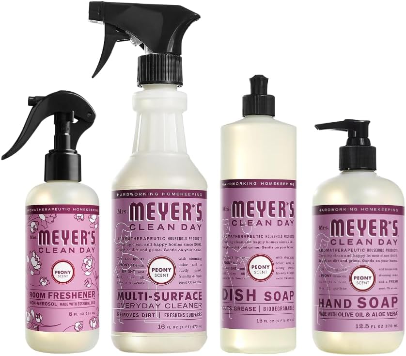 Variety, 1 Mrs. Meyer's Room Freshener, 8 OZ, 1 Mrs. Meyer's Liquid Dish Soap, 16 OZ, 1 Liquid Hand Soap,12.5 OZ, 1 Multi-Surface Cleaner 16 OZ, 1 CT (Peony)
