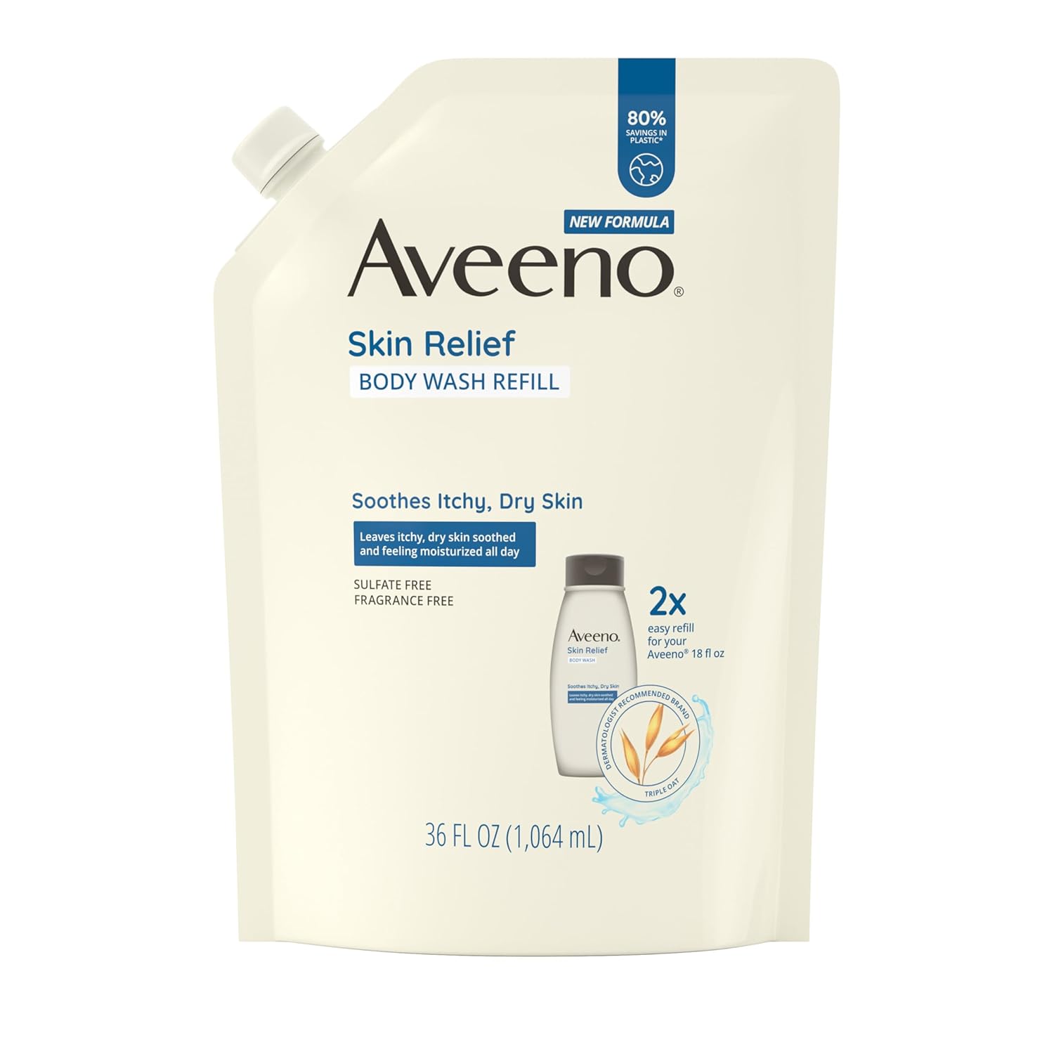 Aveeno Skin Relief Fragrance-Free Body Wash With Triple Oat Formula, Gentle Daily Cleanser For Sensitive Skin Leaves Itchy, Dry Skin Soothed & Feeling Moisturized, Sulfate-Free, 36 Fl. Oz