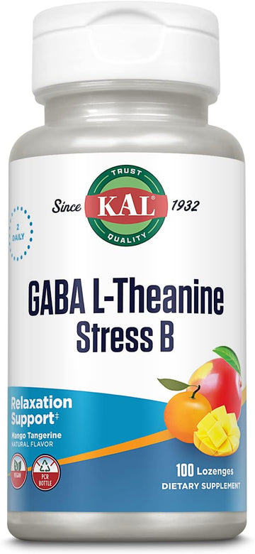 KAL GABA L-Theanine Stress B Lozenge, B Complex Vitamin Supplement, Healthy Relaxation, Mood & Focus Support, Natural Mango Tangerine Flavor, Vegan, 50 Servings, 100 Lozenges