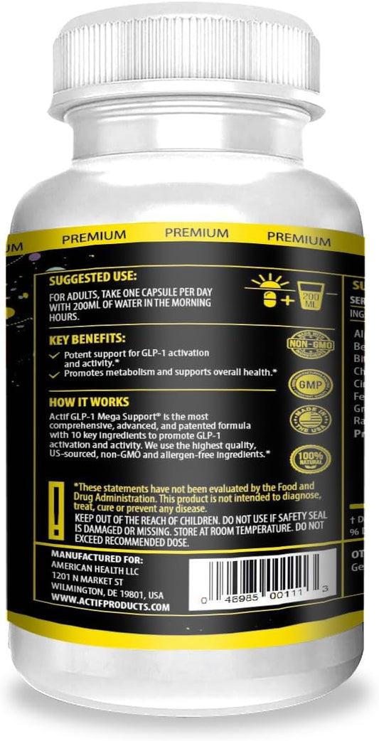 Actif Glp-1 Mega Support With 10 Advanced Factors And Probiotics, Glp-1 Activator And Metabolism Support, Non Gmo, Made In Usa, 60 Count