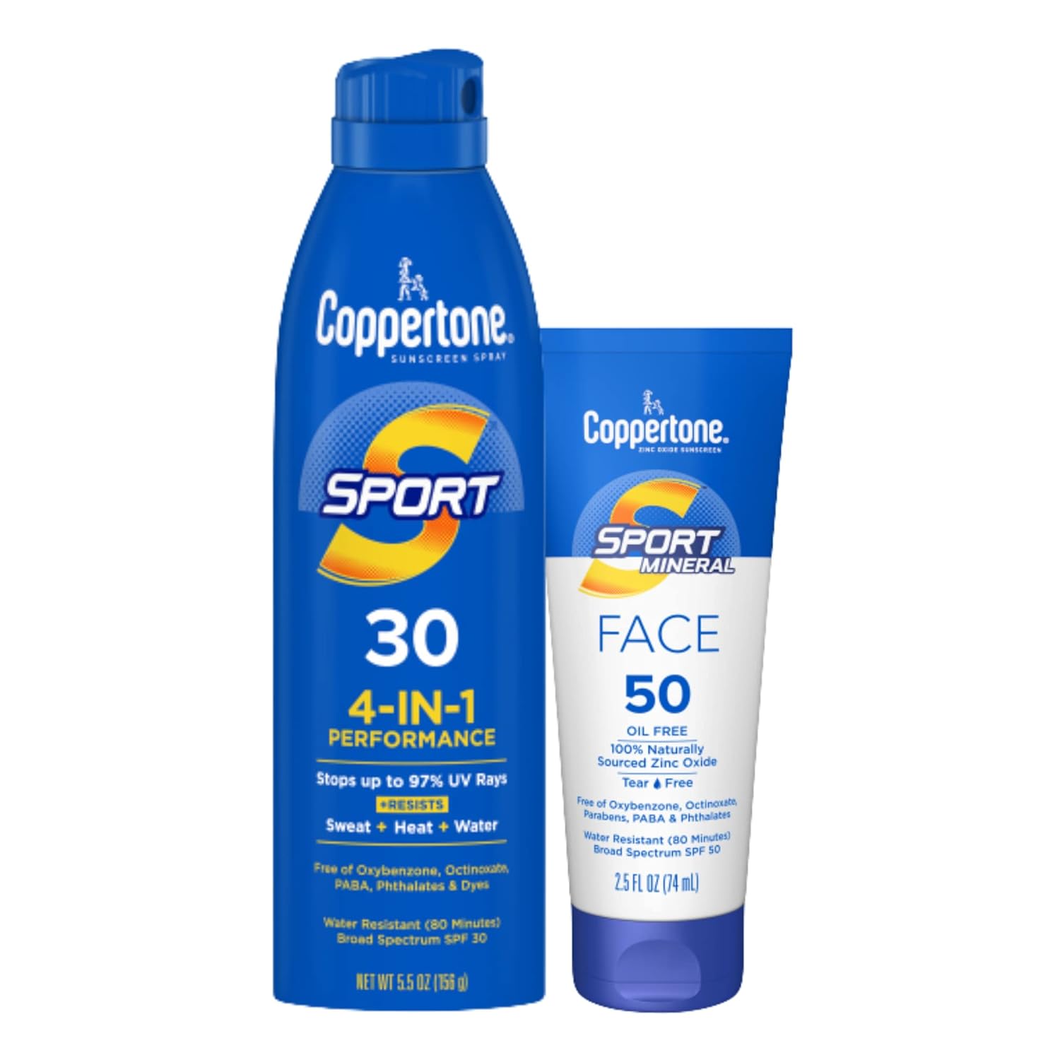 Coppertone SPORT SPF 30 Sunscreen Spray + SPORT Face SPF 50 Mineral Based Sunscreen Lotion Multipack (5.5 Ounce Spray + 2.5 Fluid Ounce Lotion Bundle)