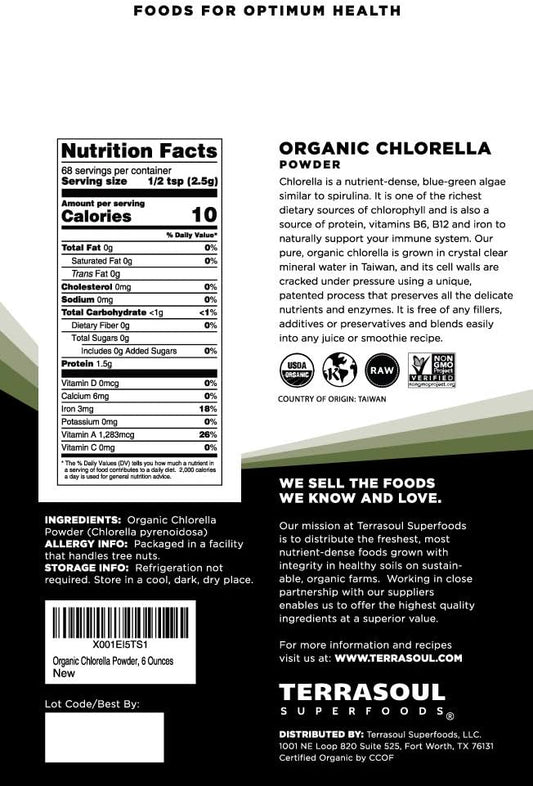 Terrasoul Superfoods Organic Chlorella Powder (Cracked Cell Walls), 6 Ounces, Sourced From Taiwan