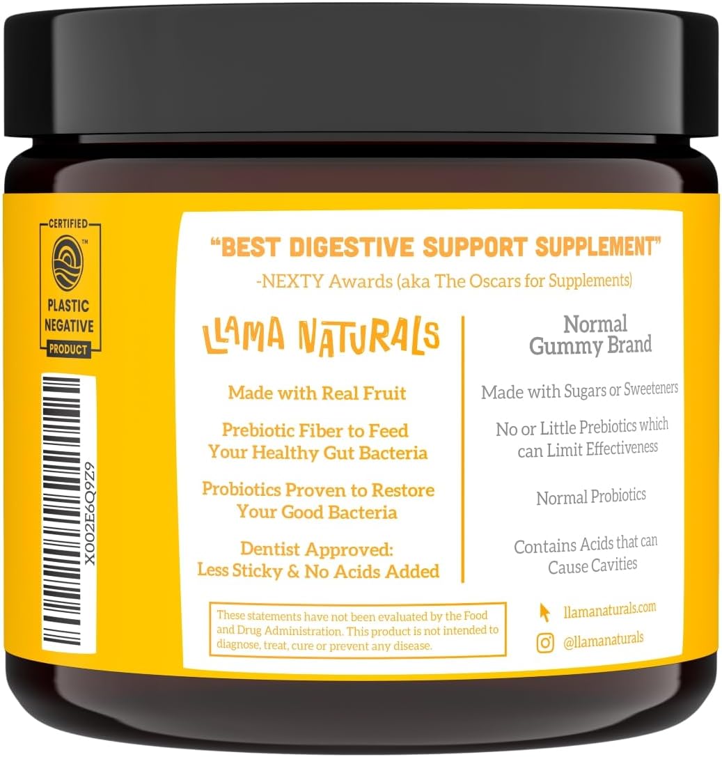 Llama Naturals Real Fruit Prebiotic & Probiotic Kids Gummies, No Added Sugar Cane, Vegan Organic Synbiotics, Children Digestion, Toddler Tummy Aches, Gut Health, 2B CFU, 60 ct (30 Days) Peach Mango : Health & Household