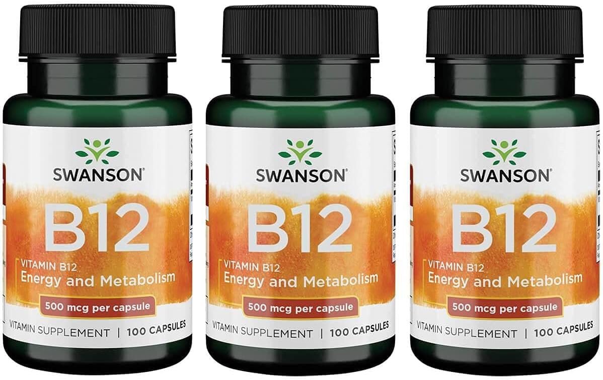Swanson Vitamin B-12 (Cyanocobalamin) Energy Cardivascular Health Support 500 Mcg 100 Capsules (3 Pack)