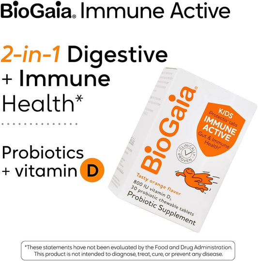 Biogaia Immune Active Kids | Probiotic + Vitamin D | For Digestive & Immune Health | Ages 3+ | Allergen, Dairy, Soy & Gluten Free | Trusted By Pediatricians | 30 Day Supply | Orange Flavored Chewable