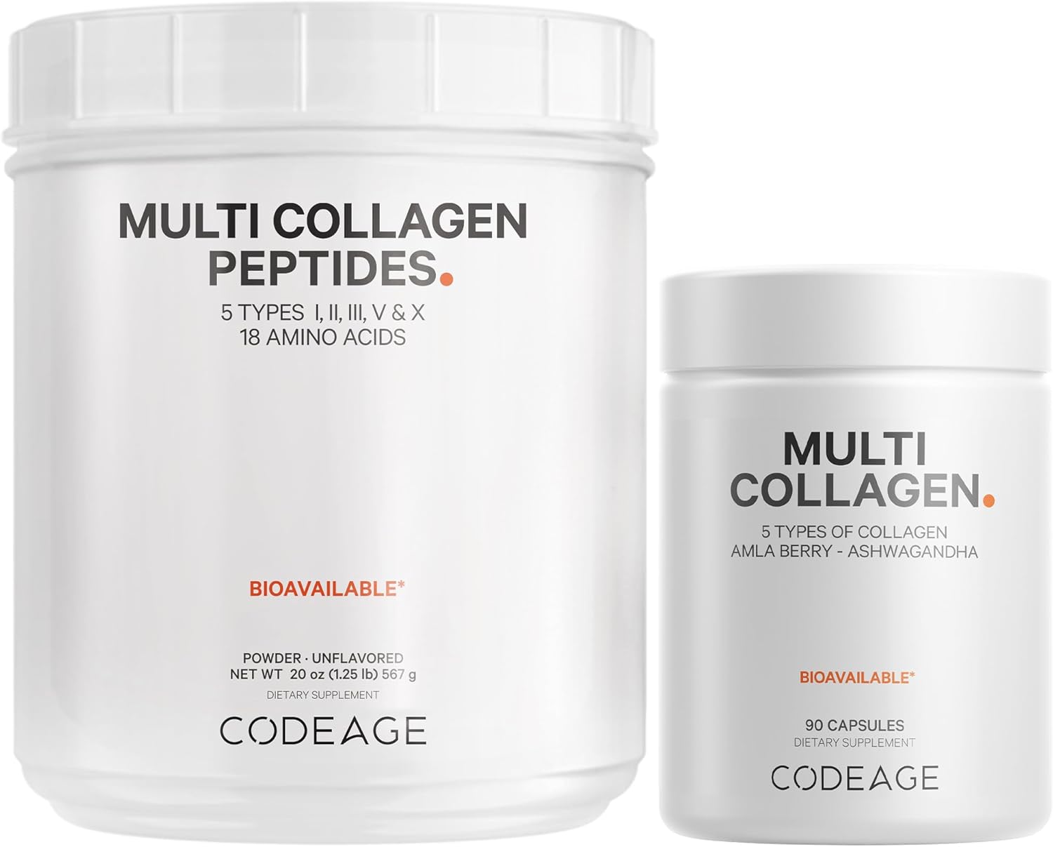 Codeage Multi Collagen Protein Capsules & Multi Collagen Protein Powder Bundle | Multi Collagen Pills, Collagen Types I, Ii, Ii, V & X, 90 Count | Multi Collagen Peptides - Pure, Hydrolyzed, 20 Oz