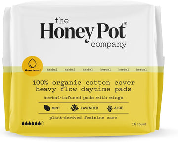 The Honey Pot Company - Herbal Daytime Heavy Flow Pads w/Wings - Organic Pads for Women - Infused w/Essential Oils for Cooling Effect, Cotton Cover, & Ultra-Absorbent Pulp Core -Feminine Care -16ct