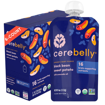 Cerebelly Baby Food Pouches – Organic Black Bean Sweet Potato with Avocado & Tomato (4 oz, Pack of 6) - Toddler Snacks, 16 Brain-Supporting Nutrients, Made with Gluten Free Ingredients, No Added Sugar