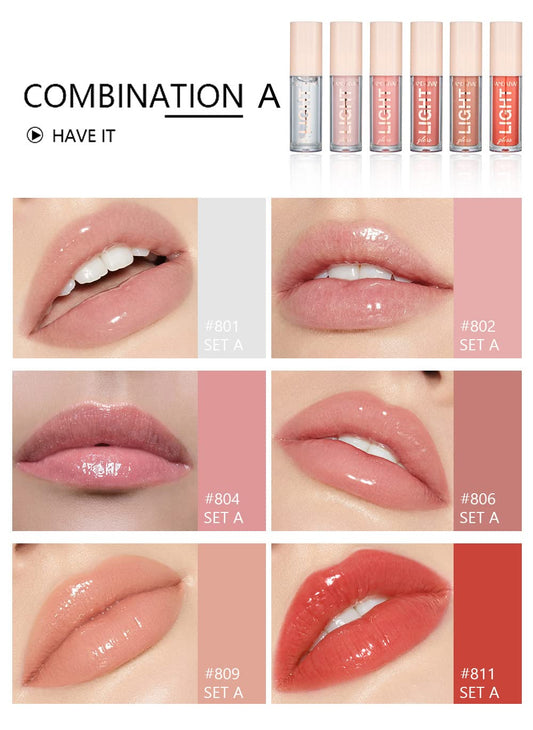 6Pcs Lip Oil Light Lipgloss Set, Moisturizing Hydrating Lip Glow Oil Lip Gloss Kit High Shine Lip Plumping Glass Finish Lip Gloss Liquid Lipstick For Women (Set C)
