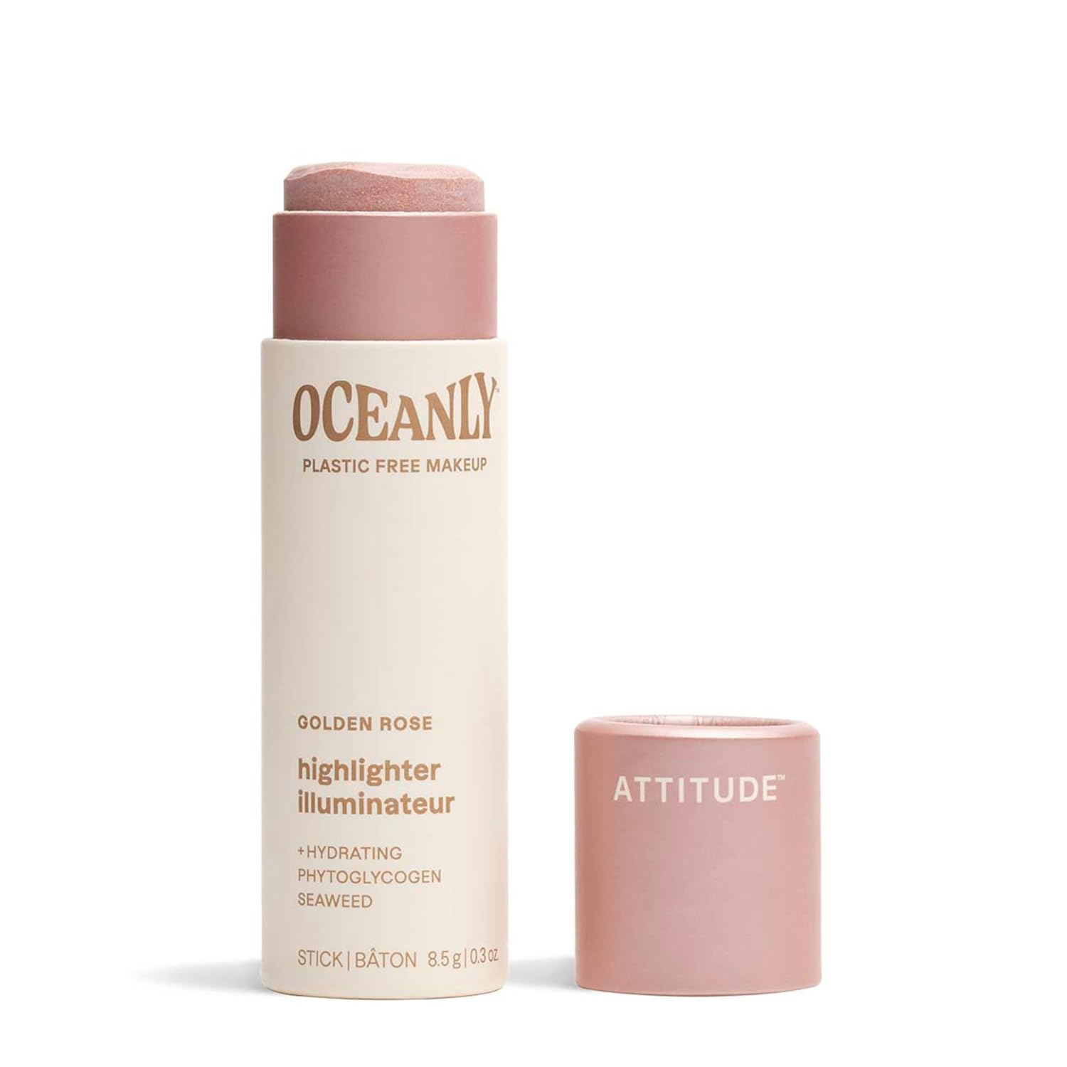 ATTITUDE Oceanly Lightweight Highlighter Stick, Titanium Dioxide-Free, EWG Verified, Plastic-Free, Vegan & Cruelty-free Makeup, Golden Rose, 0.3 Ounces