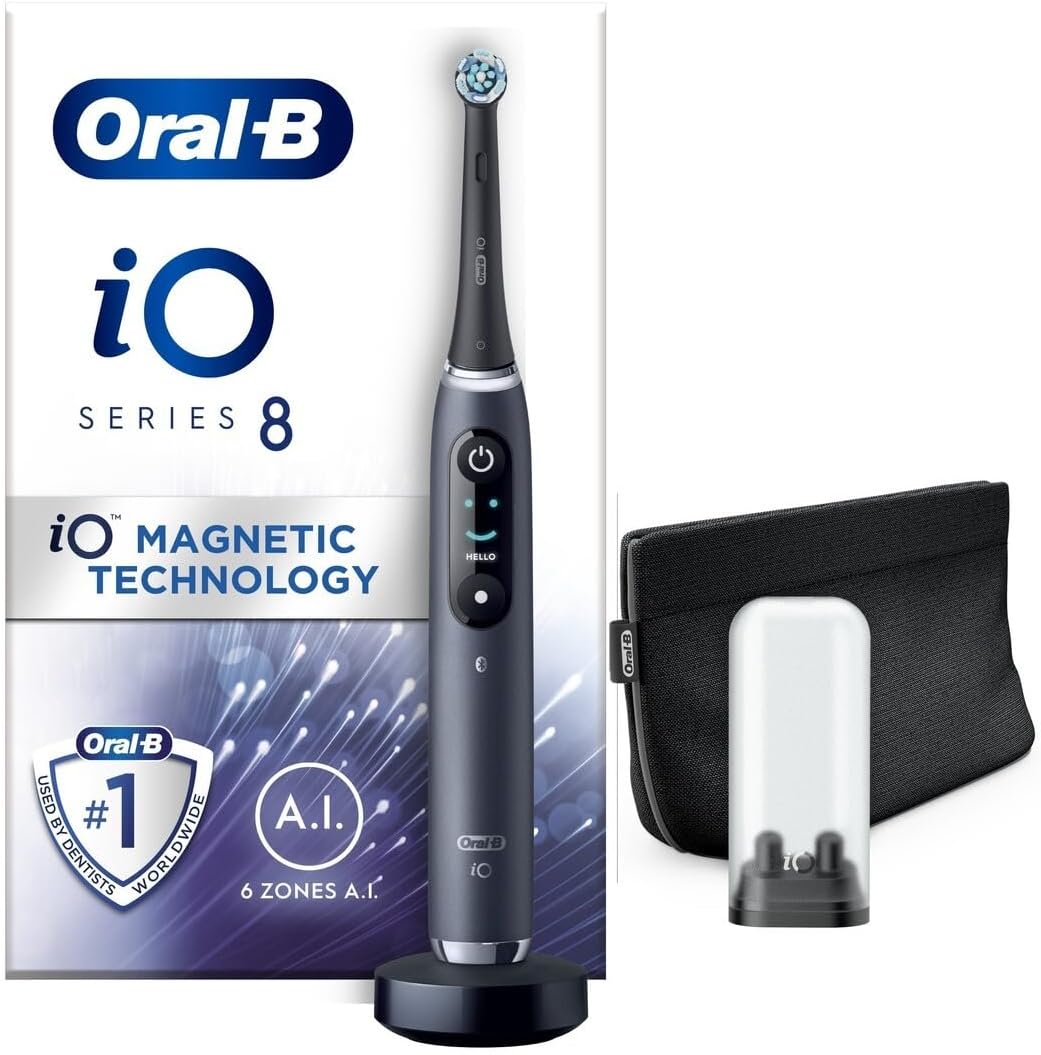 Oral-B Io8 Electric Toothbrush Adults, Oral B Electric Toothbrush, App Connected Handle, 1 Ultimate Clean Toothbrush Head & Magnetic Pouch, 6 Modes, Teeth Whitening, 2 Pin Uk Plug