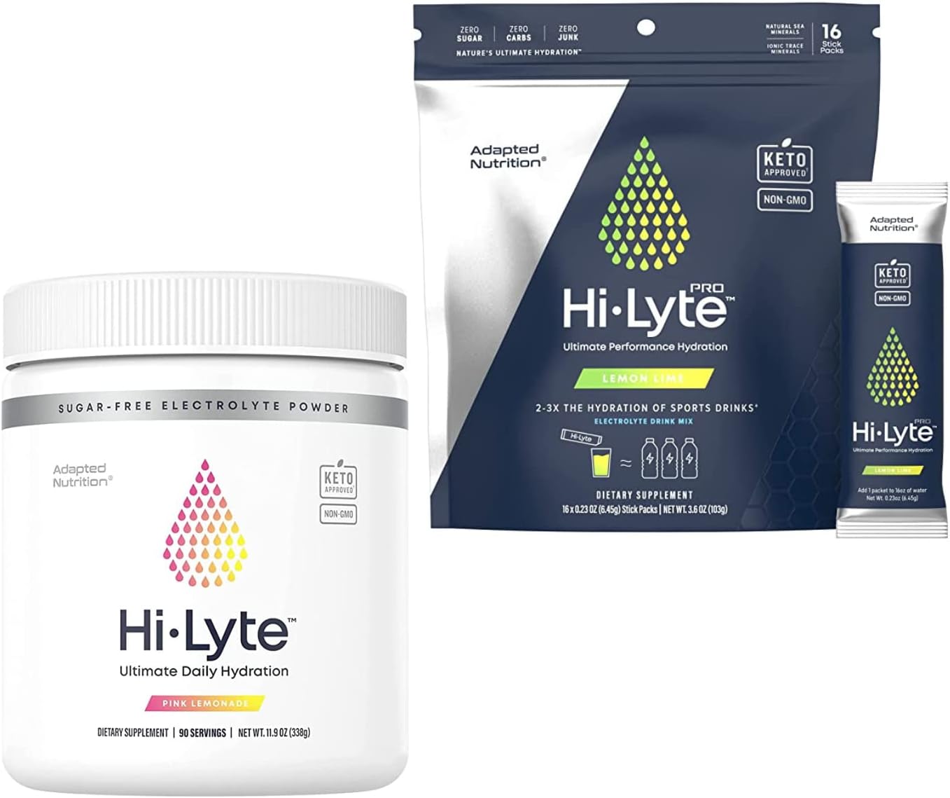 Hi-Lyte Electrolyte Powder, Daily Hydration Supplement Drink Mix, 90 Servings (Pink Lemonade) | Plus Hi-Lyte Pro Hydration Packets, 16 Individual Drink Packets (Lemon Lime)