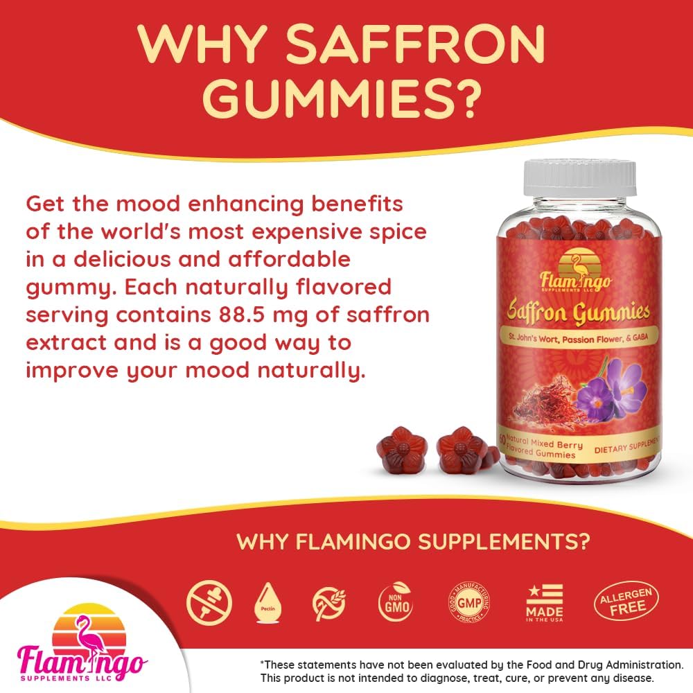 Saffron Extract Gummies-Sugar Free Saffron Supplement Enhanced With Gaba, Saint John'S Wort, Passion Flower- Saffron Supplements For Kids, Women, Men. Focus And Mood Support. 60 Saffron Gummies : Health & Household