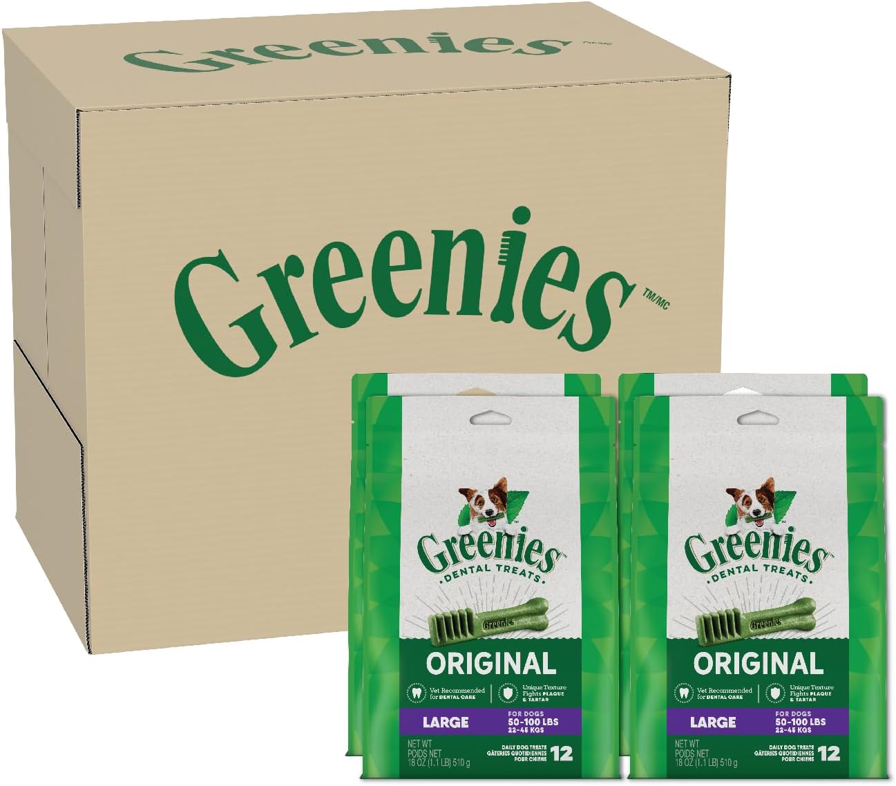 Greenies Original Large Natural Dental Care Dog Treats, 18 Oz. Pack (48 Treats), 12 Count (Pack of 4)