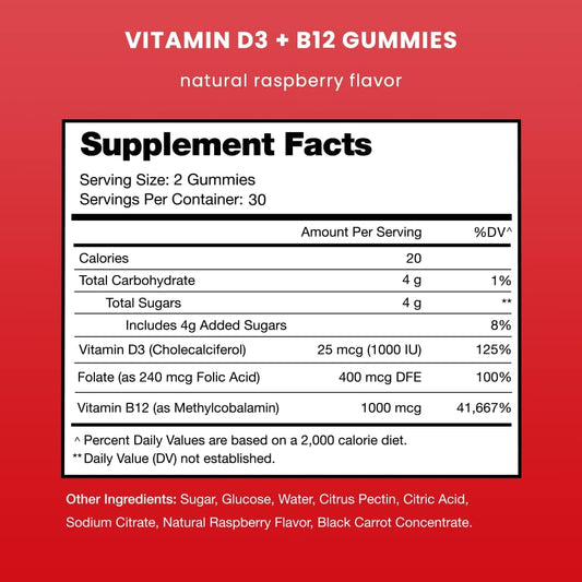 Vitamin D3 & Vitamin B12 | Methyl B12 Gummies for Adults & Kids | Enhanced with Vitamin D 3 & B9 Vitamin Folate | Natural Energy, Mood, Metabolism & Focus | Raspberry | 60 Gummies