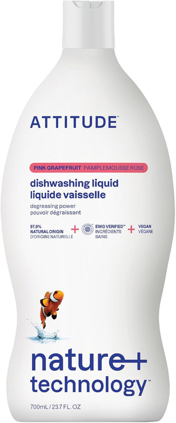 Attitude Dishwashing Liquid, Ewg Verified, Vegan Dish Soap, Plant Based, Naturally Derived Products, Pink Grapefruit, 23.7 Fl Oz