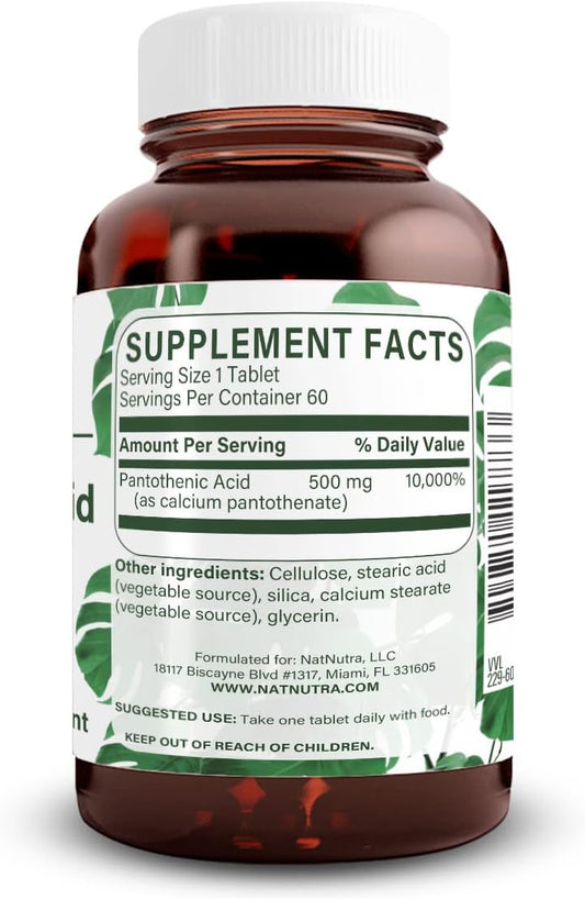 Natural Nutra Time Release Pantothenic Acid 500 Mg, Vitamin B5 Supplement Helps Break Down Fat And Carbohydrates, Metabolism And Energy, 60 Vegetarian Tablets