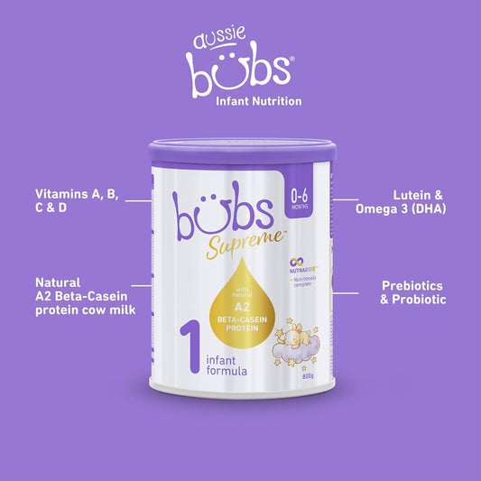 Bubs Supreme Infant Formula, Stage 1, Infants 0-6 Months, Made With A2 Beta-Casein Protein Cows Milk, 28.2 Oz