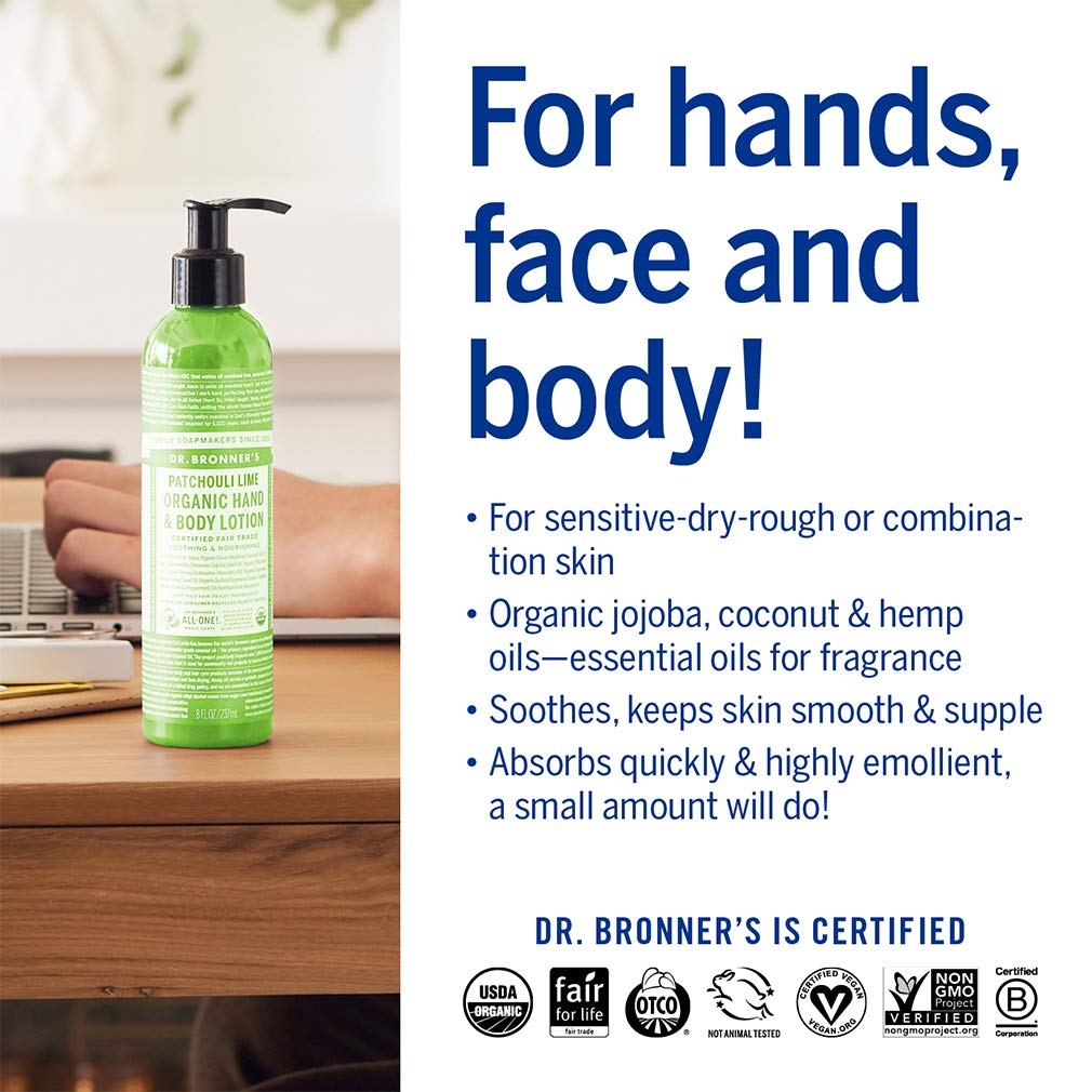 Dr. Bronner's - Organic Lotion (Patchouli Lime, 8 Ounce) - Body Lotion and Moisturizer, Certified Organic, Soothing for Hands, Face and Body, Highly Emollient, Nourishes and Hydrates, Vegan, Non-GMO : Dr Bronners Baby : Beauty & Personal Care