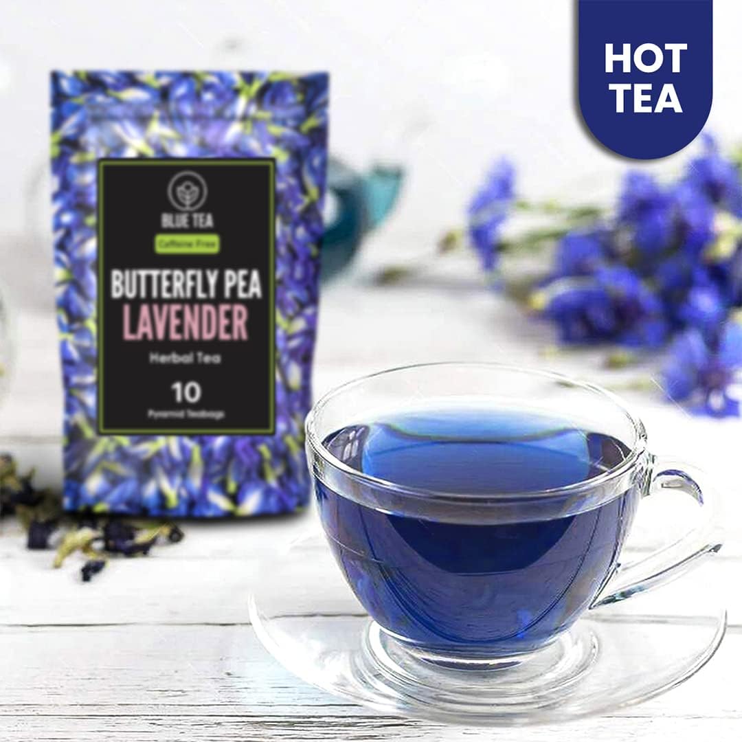 BLUE TEA - Butterfly Pea Flower Tea - Lavender - 10 Count - Plant Based Tea Bag | CALMING AND RELAXING | Caffeine Free - Flower Based - Non-Bitter - Vegan - GMO-Free | Premium Zipper : Grocery & Gourmet Food