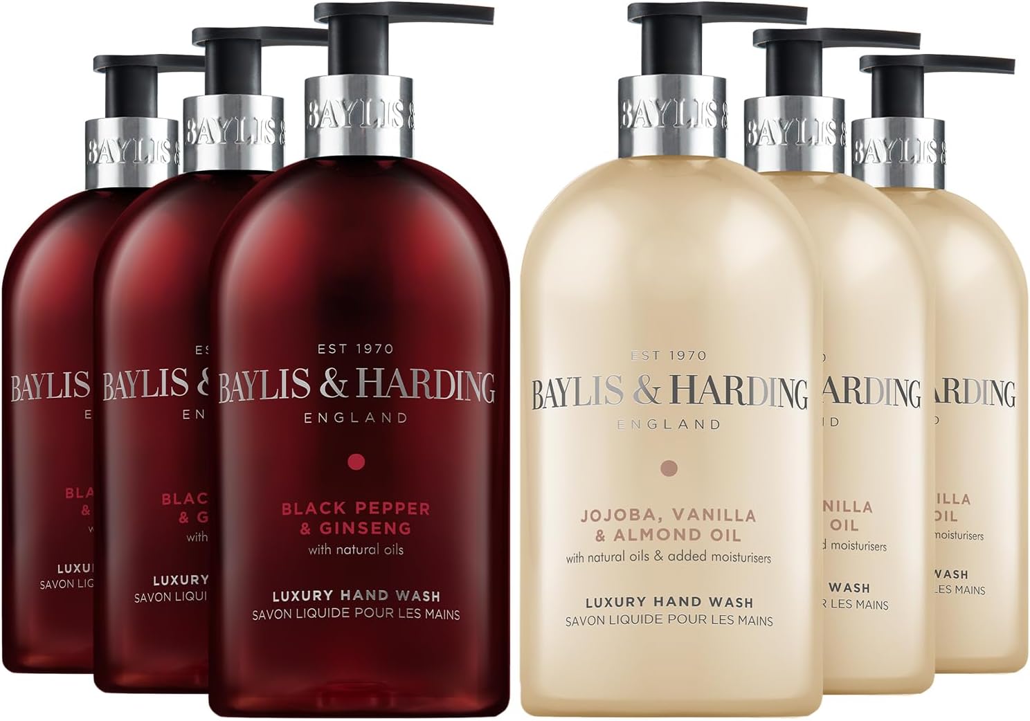 Baylis & Harding Signature Hand Wash Bundle: 3 X 500 Ml Black Pepper & Ginseng For Men & 3 X 500 Ml Jojoba, Vanilla & Almond Oil (6 Bottles) - Vegan Friendly