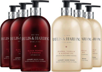 Baylis & Harding Signature Hand Wash Bundle: 3 X 500 Ml Black Pepper & Ginseng For Men & 3 X 500 Ml Jojoba, Vanilla & Almond Oil (6 Bottles) - Vegan Friendly