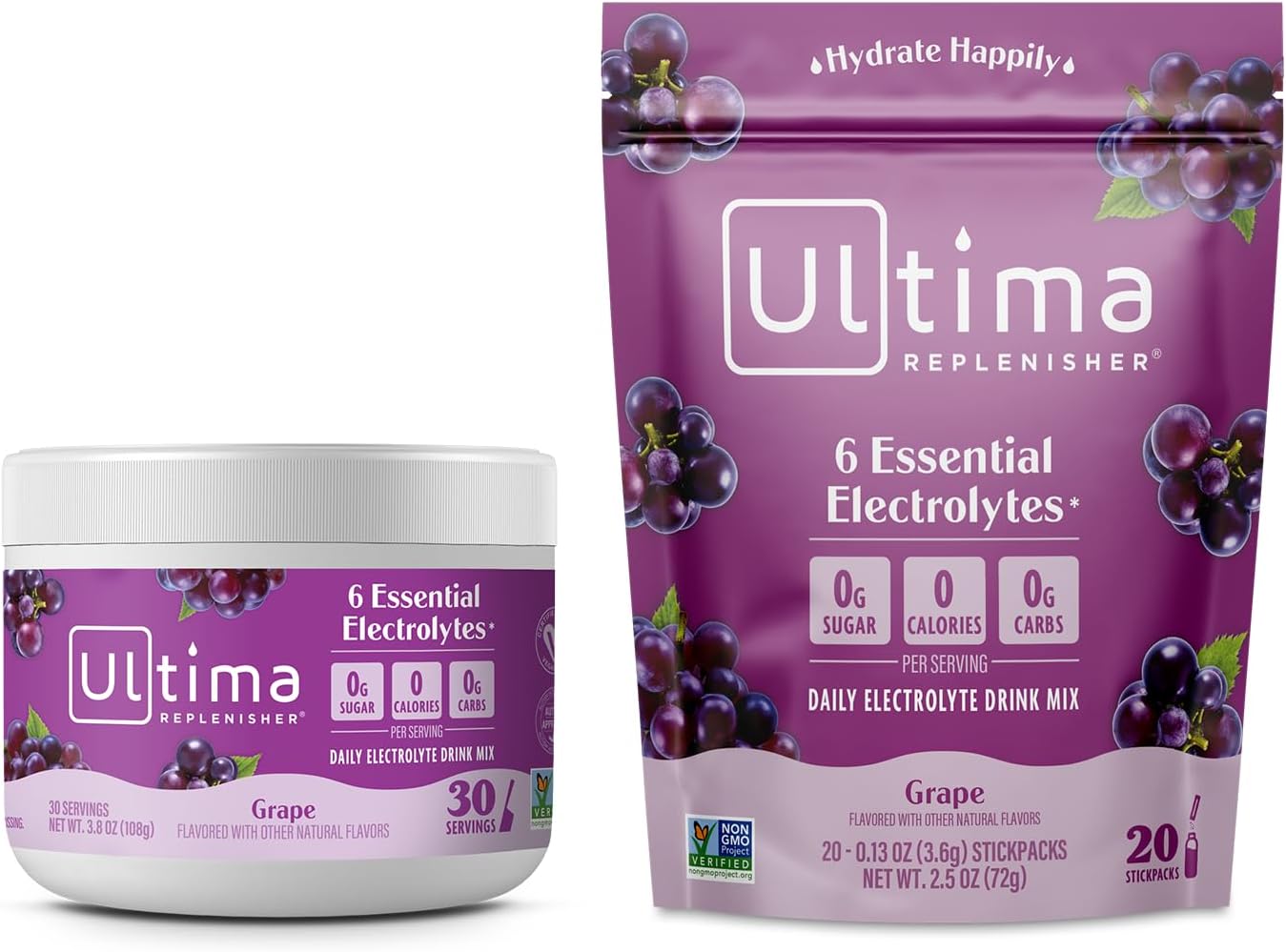 Ultima Replenisher Electrolyte Drink Mix Bundle – Grape, 30 Serving Canister & 20 Stickpacks – 6 Electrolytes & Minerals – Keto Friendly, Vegan, Non-Gmo & Sugar-Free Electrolyte Powder