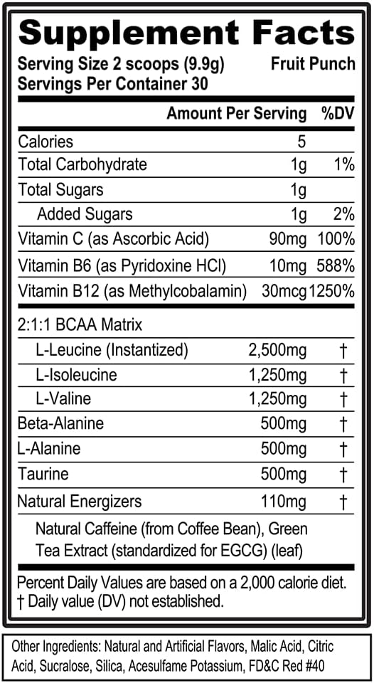 Evl Bcaas Amino Acids Powder - Bcaa Energy Pre Workout Powder For Muscle Recovery Lean Growth And Endurance - Rehydrating Bcaa Powder Post Workout Recovery Drink With Natural Caffeine - Fruit Punch