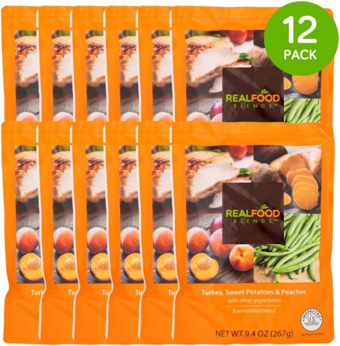 Real Food Blends Turkey, Sweet Potatoes & Peaches - Pureed Food Meals For Tube Feeding With Protein, Vegetables & Fruits - 320 Calories For Lunch & Dinner - 9.4 Oz (Pack Of 12)