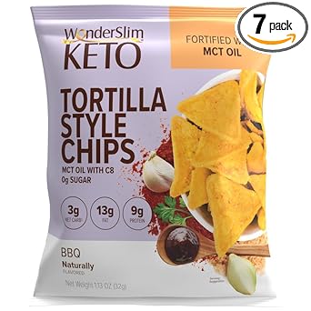WonderSlim KETO Tortilla Chips with MCT Oil, BBQ, 3g Net Carbs, 13g Fat, 9g Protein, 0g Sugar, Gluten Free (7ct)