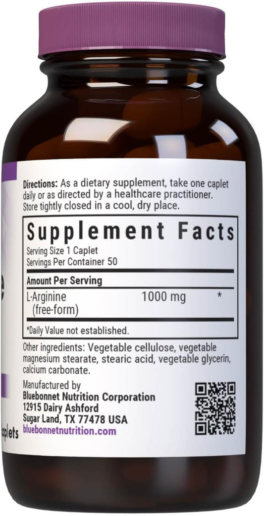 Bluebonnet Nutrition L-Arginine 1000Mg, Free-Form Amino Acid, Nitric Oxide Precursor, Gluten-Free, Non-Gmo, Kosher Certified, Vegan, 50 Caplets, 50 Servings