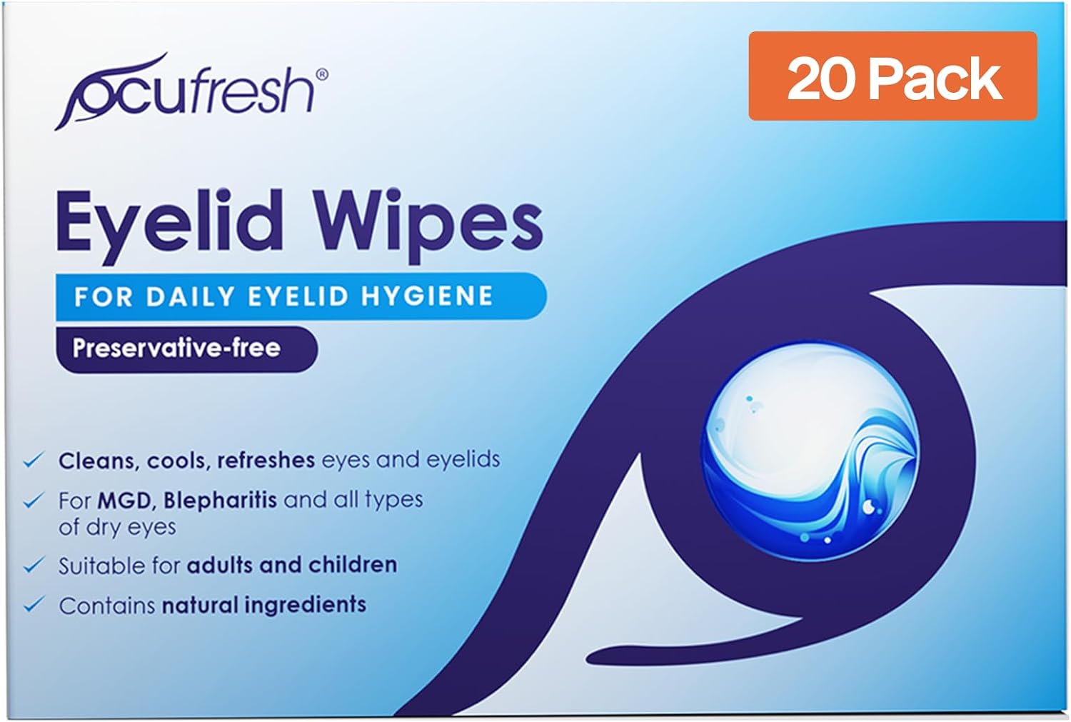 Blepharitis Eyelid Wipes – 20 Pack Individually Wrapped - Fragrance Free & Soap Free, For Daily Eyelid Hygiene, Natural Ingredients, Tired And Dry Eyes