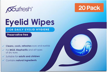 Blepharitis Eyelid Wipes – 20 Pack Individually Wrapped - Fragrance Free & Soap Free, For Daily Eyelid Hygiene, Natural Ingredients, Tired And Dry Eyes