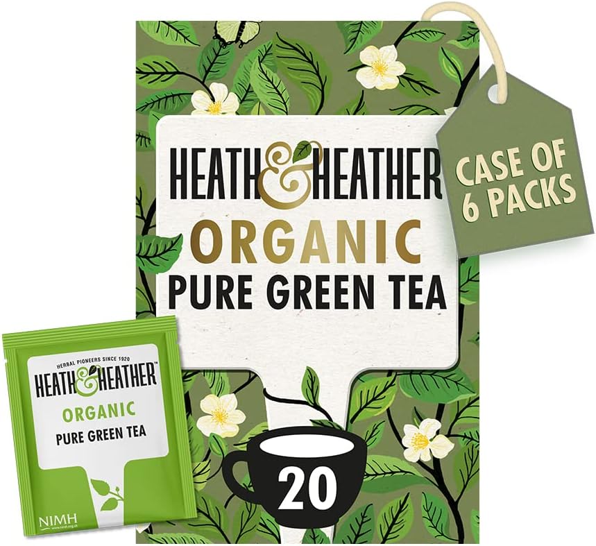 Heath & Heather Organic Pure Green Tea | Individually Wrapped Caffeine-Free Herbal Tea Infusions | 6 Packs Of 20, Total 120 Tea Bags
