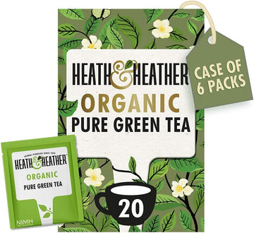 Heath & Heather Organic Pure Green Tea | Individually Wrapped Caffeine-Free Herbal Tea Infusions | 6 Packs Of 20, Total 120 Tea Bags