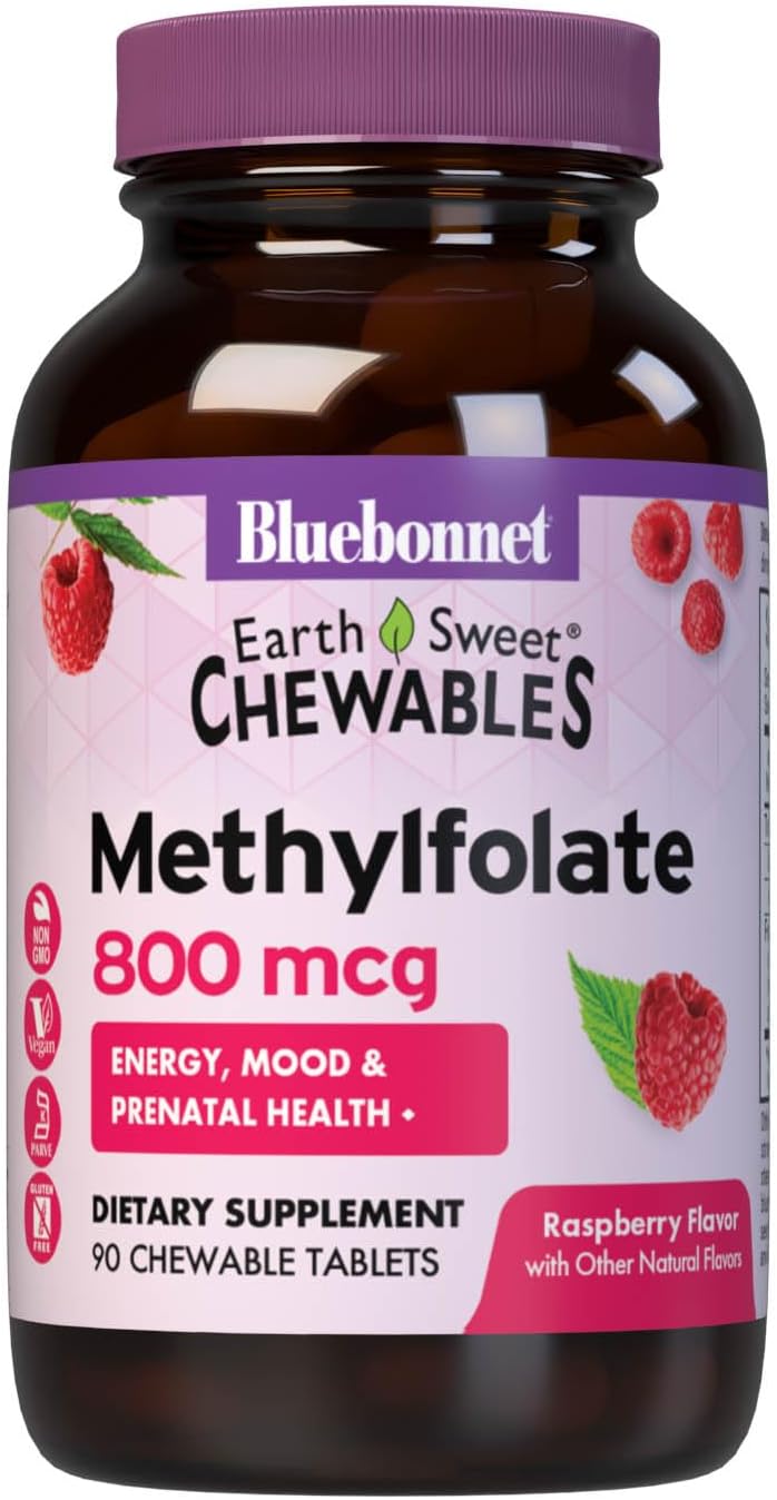 Bluebonnet Earthsweet Methylfolate 800 Mcg Cellular Active Coenzyme 5-Mthf L Methyl Folate Supplement - Prenatal & Energy Support* - Non-Gmo, Vegan, Gluten-Free - Raspberry - 90 Chewable Tablets
