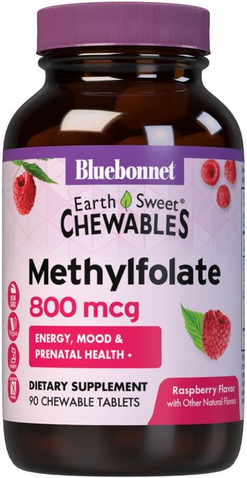 Bluebonnet Earthsweet Methylfolate 800 Mcg Cellular Active Coenzyme 5-Mthf L Methyl Folate Supplement - Prenatal & Energy Support* - Non-Gmo, Vegan, Gluten-Free - Raspberry - 90 Chewable Tablets