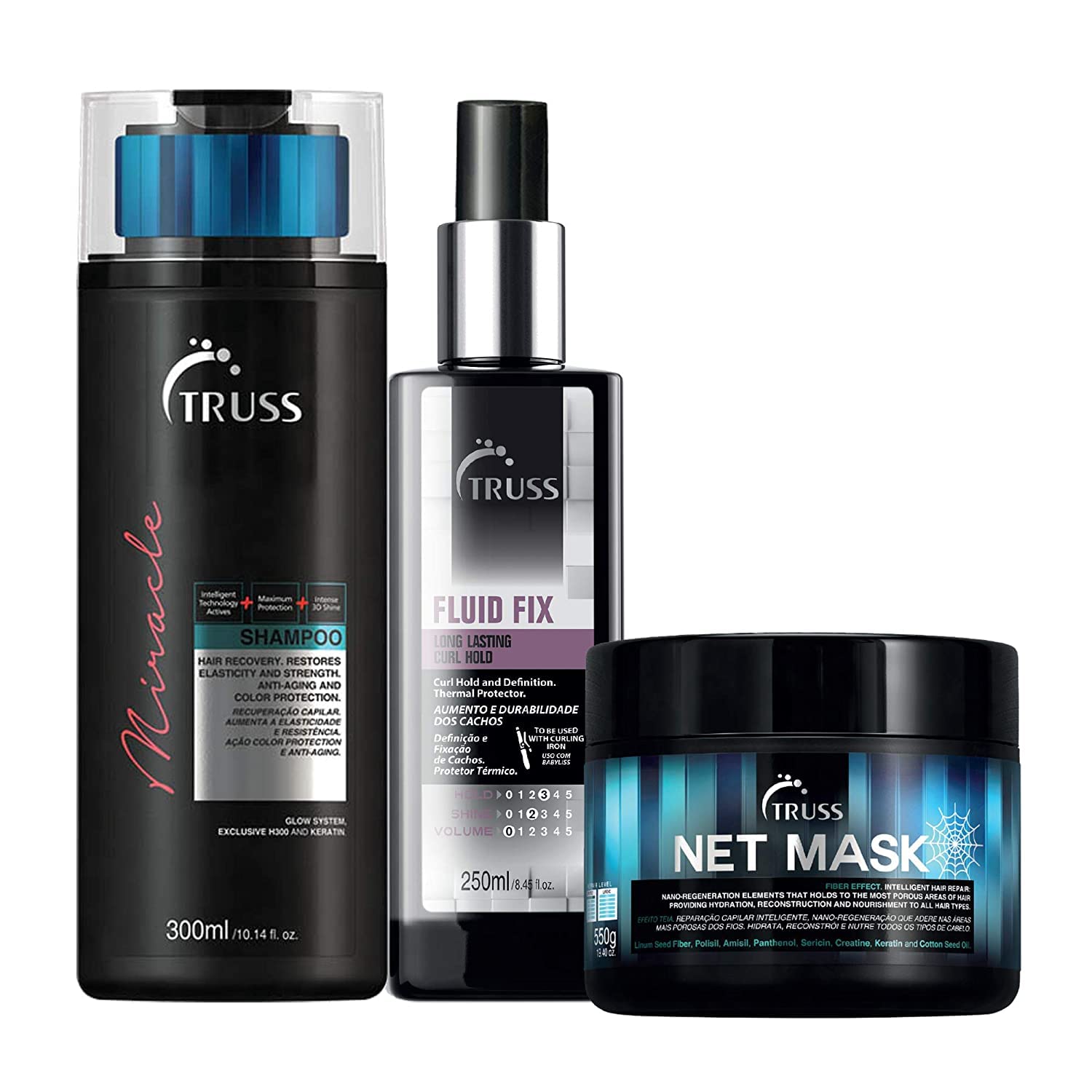 Truss Net Mask - Intensive Repair Hair Mask Bundle With Fluid Fix Leave-In Heat Protectant Styling Spray And Miracle Shampoo