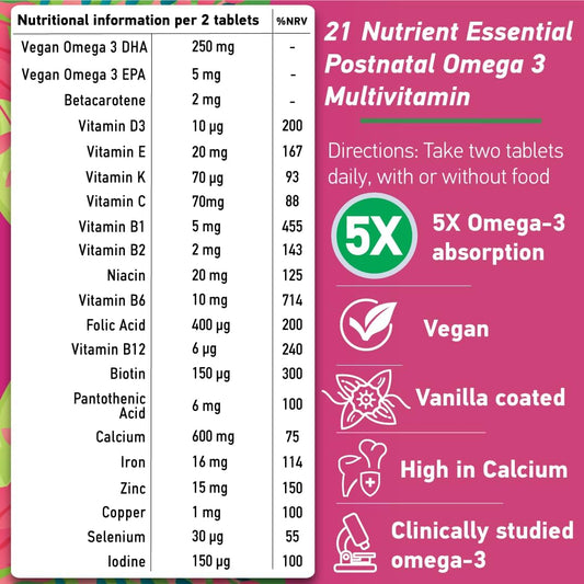 Breastfeeding Vitamins | Vegan | High In Calcium & Vegan Omega 3 | 21 Nutrients | Postnatal | Lactation Supplement | Postpartum Essentials | Highly Absorbed Omega 3 | 60 Tab | Apokra