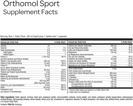 Orthomol Sport, 30-Day Supply, Premium Sports Nutrition Supplement With Vitamins A, B, C, D, E, Zinc, Iodine, Coenzyme Q10, L-Carnitine, Omega-3, And Essential Minerals For Optimal Performance
