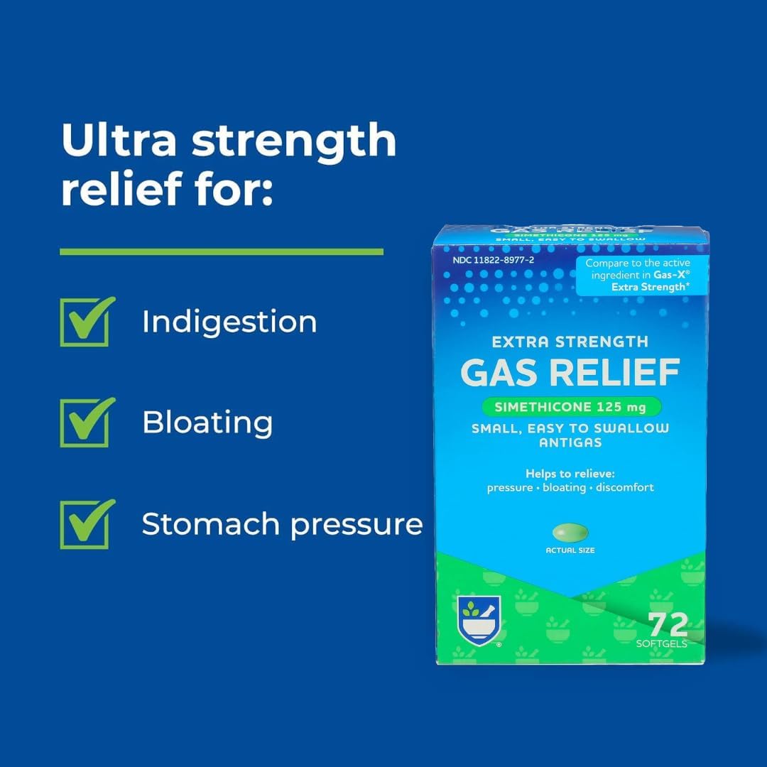 Rite Aid Gas Relief Extra Strength Softgels, Simethicone 125 mg - 72 Softgels, for Bloating and Gas Relief : Health & Household