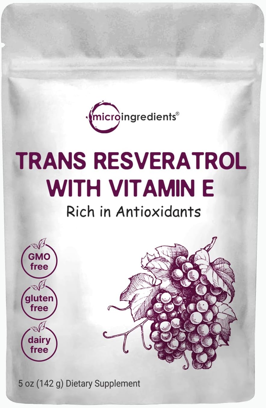 Pure Trans-Resveratrol Powder With Natural Vitamin E, 5 Ounce, 2 In 1 Formula, Micronized Powder For Better Absorption, Premium Resveratrol Supplement, Super Antioxidant, Vegan Friendly