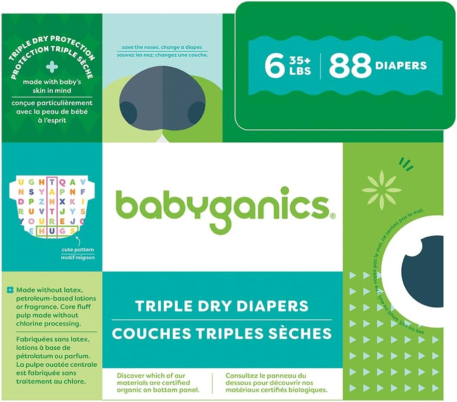 Babyganics Size 6, 88 Count, Absorbent, Breathable, Triple Dry Protection Diapers