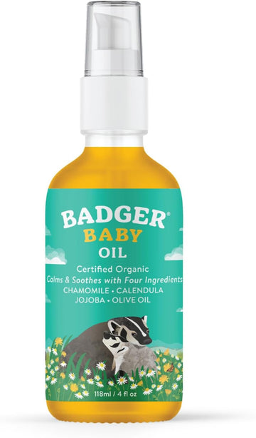 Badger Baby Oil, Chamomile & Calendula, Certified Organic Soothing Oil for Dry Skin or Cradle Cap, 4 Fl Oz Glass Bottle