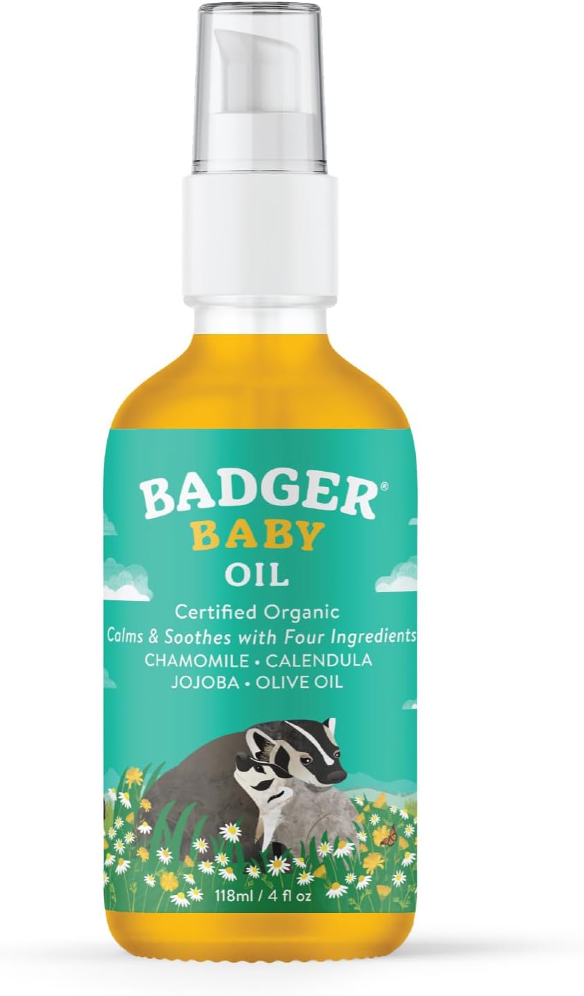 Badger Baby Oil With Chamomile Calendula, All Organic Ingredients, Soften Moisturize With Organic Baby Oil For Dry Skin Or Cradle Cap, Soothing Baby Oil For Newborns, 4 Fl Oz Glass Bottle