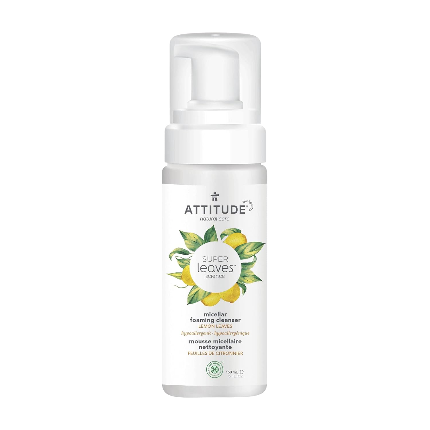 ATTITUDE Micellar Foaming Facial Cleanser, EWG Verified, Dermatologically Tested, Plant and Mineral-Based, Vegan, Lemon Leaves, 5 Fl Oz