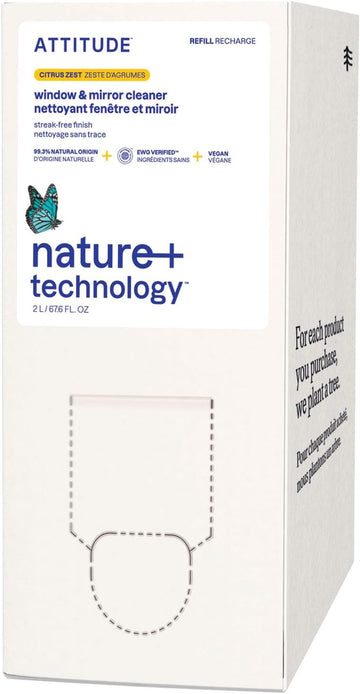 Attitude Window And Mirror Cleaner, Ewg Verified, Plant- And Mineral-Based Ingredients, Vegan And Cruelty-Free Household Products, Citrus Zest, Bulk Refill, 67.6 Fl Oz