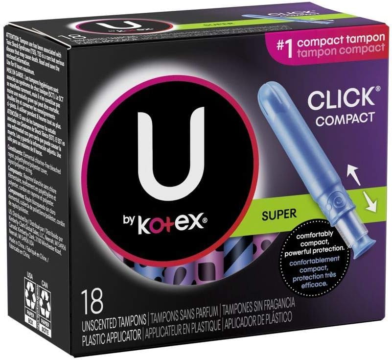 U by Kotex Click Super Compact Tampons Compact Plastic Applicator, Unscented, 18 Count